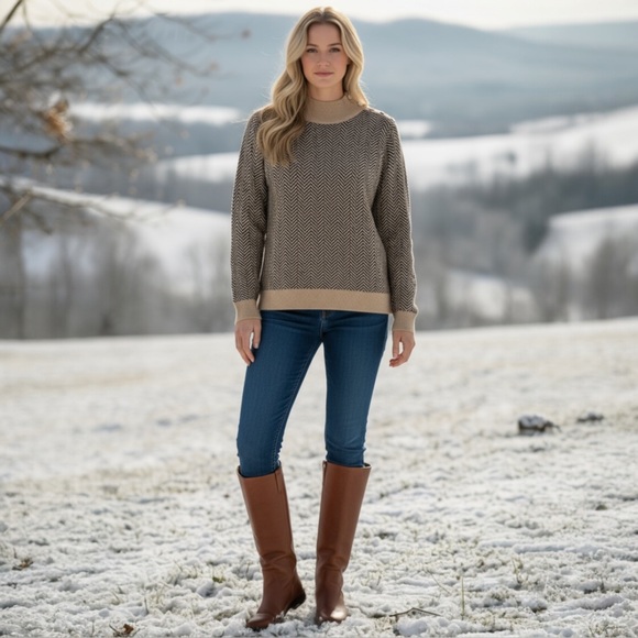 Calvin Klein Brown Black Chevron Sweater Gold Accents Mock Neck Size Large - Picture 1 of 10